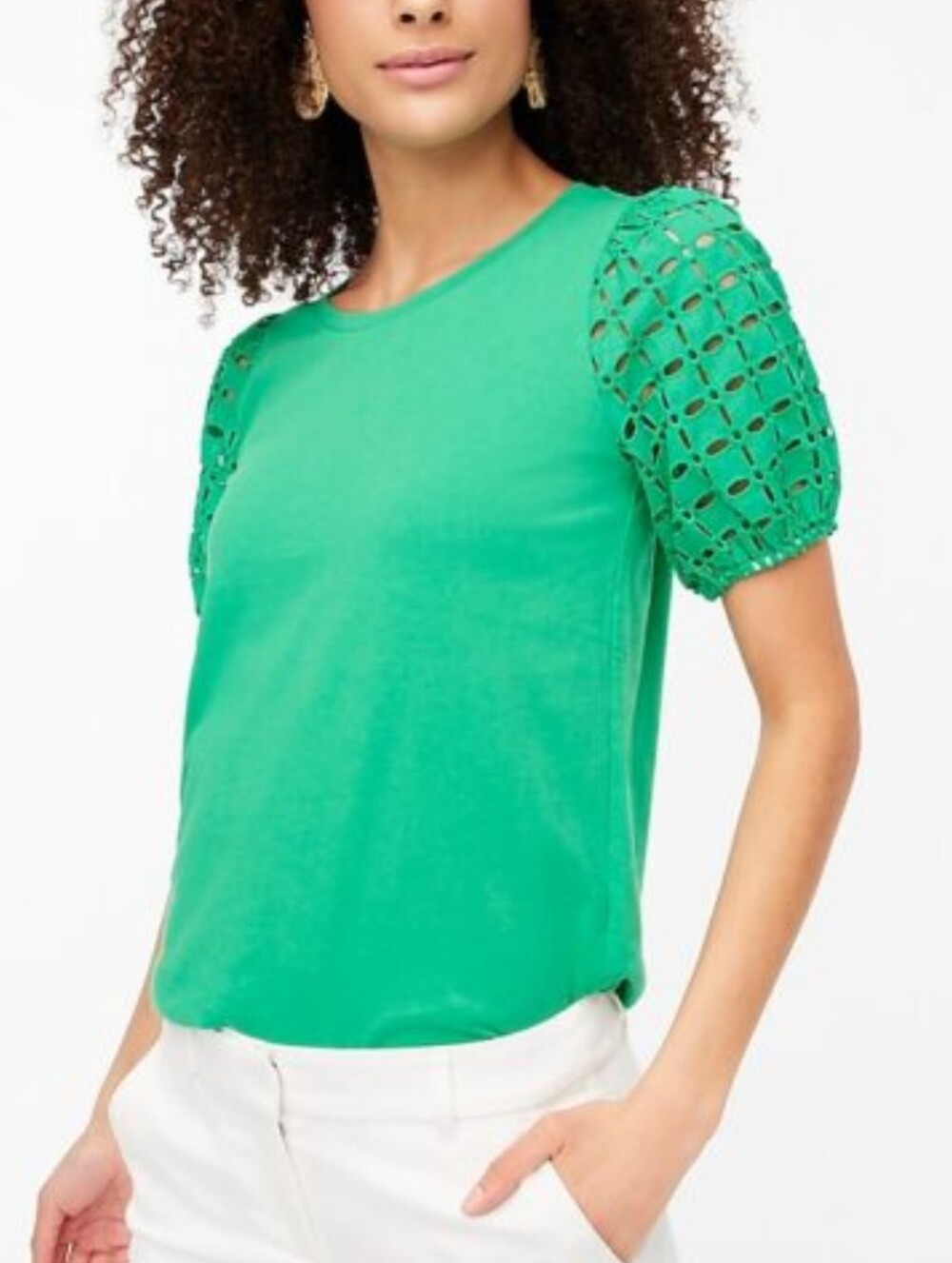 J. Crew Emerald Green Eyelet Puff Sleeve T-shirt Top, Size M